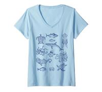 Mujer Vintage Animal Marino tiburón Tortuga Pescado Pulpo Cangrejo Salvaje Camiseta Cuello V