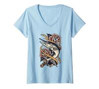 Mujer Vintage Barracuda Tattoo Style Art con Rosas Camiseta Cuello V