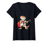 Mujer Vintage Bearded Dragon Punk Music Playing Guitar Camiseta Cuello V