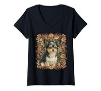 Mujer Vintage Biewer Terrier Yorkie Chorkie Perro Estilo Floral Camiseta Cuello V