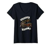 Mujer Vintage Biplane Aviator Spirit Retro Airplane Pilot Camiseta Cuello V