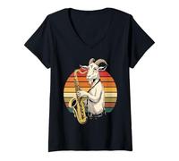 Mujer Vintage Cabra Jugando Saxofón Jazz Saxofón Músico Saxofón Camiseta Cuello V