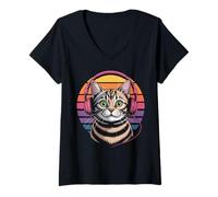 Mujer Vintage Cat Auriculares Música Gato Camiseta Cuello V