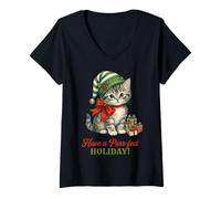 Mujer Vintage Cat Christmas Santa Hat Retro Kitten Art Cat Lover Camiseta Cuello V