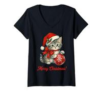 Mujer Vintage Cat Christmas Santa Hat Retro Kitten Art Cat Lover Camiseta Cuello V