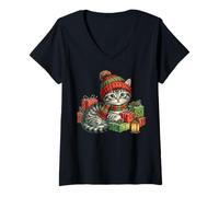 Mujer Vintage Cat Christmas Santa Hat Retro Kitten Art Cat Lover Camiseta Cuello V