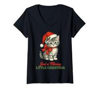 Mujer Vintage Cat Christmas Santa Hat Retro Kitten Art Cat Lover Camiseta Cuello V