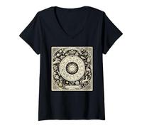 Mujer Vintage Celestial Navegación Astrología Zodíaco Sol Luna Estrellas Camiseta Cuello V