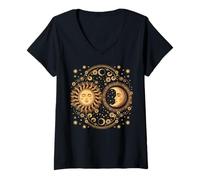 Mujer Vintage Celestial Sun Moon Spiritual Harmony Camiseta Cuello V