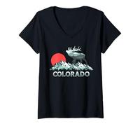 Mujer Vintage Colorado Elk Hunter Conservación Retro Gráfico Camiseta Cuello V
