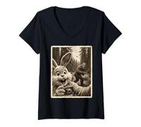 Mujer Vintage Conejo Bigfoot UFO Selfie Cryptid Fans Pascua Camiseta Cuello V