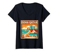 Mujer Vintage Doha Qatar Travel Souvenir Landmark Turista Regalo Camiseta Cuello V