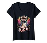 Mujer Vintage ELA Profesor ESCRITURA ROCKSTAR Unicorn Arts Camiseta Cuello V