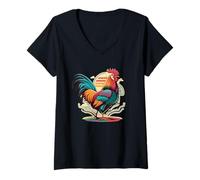 Mujer Vintage Farm Animal Colorful Rooster Camiseta Cuello V