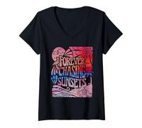 Mujer Vintage Forever Chasing Sunsets Hawaii Beach Vacaciones de Verano Camiseta Cuello V