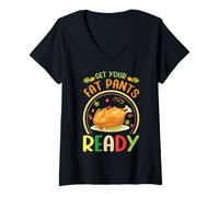 Mujer Vintage Get Your Fat Pants Ready Divertido Pavo de Acción de Gracias Camiseta Cuello V