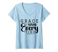 Mujer Vintage Grace Wins Every Time - Verso de la Biblia Christian Faith Camiseta Cuello V