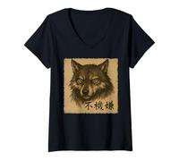 Mujer Vintage Grumpy Wolf Antiguo Arte Japonés Anime Kawaii Divertido Camiseta Cuello V