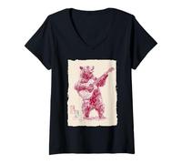 Mujer Vintage Guitarra Tocando Oso Folk Bluegrass Music Gift Camiseta Cuello V