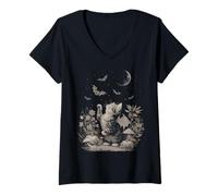 Mujer Vintage Halloween Cat Bat Wings Fall Cute Fairycore Graphic Camiseta Cuello V