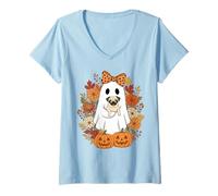 Mujer Vintage Halloween Ghost Holding Pug Groovy Floral Camiseta Cuello V