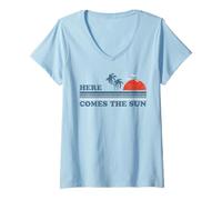 Mujer Vintage Here Comes The Sun Beach Retro Sunset 70's Idea de regalo Camiseta Cuello V