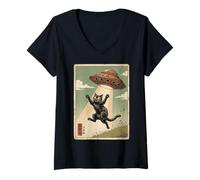 Mujer Vintage Japanese Cat UFO Abduction Cat Mom Dad Ukiyo-e Camiseta Cuello V