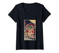 Mujer Vintage Japonés De Pelo Verde Oni Demon Ukiyo Periódico Camiseta Cuello V