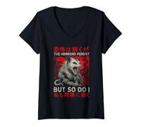 Mujer Vintage japonés gótico zarigüeya Los horrores persisten Pero también lo Hacen Camiseta Cuello V