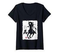 Mujer Vintage Japonés Sumi-e Japón Amante Caballos Ecuestres Camiseta Cuello V
