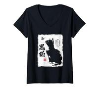 Mujer Vintage Japonés Sumi-e Japón Tinta Gato Negro Amantes Camiseta Cuello V