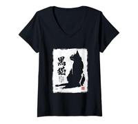 Mujer Vintage Japonés Sumi-e Japón Tinta Gato Negro Amantes Camiseta Cuello V