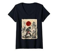 Mujer Vintage japonés Sumi-e Sasquatch Samurai Cryptid Art Camiseta Cuello V