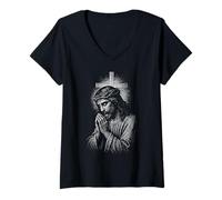 Mujer Vintage Jesucristo Orando Crucifijo Cristiano Católico Camiseta Cuello V