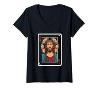Mujer Vintage Jesucristo Rey de Corazones Christian Playing Card Camiseta Cuello V