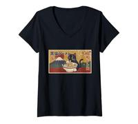 Mujer Vintage Kawaii Anime Negro Gato Comiendo Ramen Japonés Camiseta Cuello V