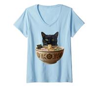 Mujer Vintage Kawaii Anime Negro Gato Comiendo Ramen Japonés Camiseta Cuello V