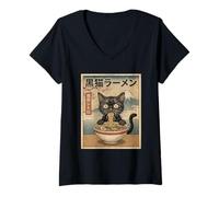 Mujer Vintage Kawaii Anime Negro Gato Comiendo Ramen Japonés Camiseta Cuello V