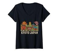 Mujer Vintage Kyoto Japón Viaje Souvenir Monumento Turista Regalo Camiseta Cuello V