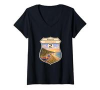 Mujer Vintage Lake Michigan Route 2 Up North MI Póster de Viaje Art Camiseta Cuello V