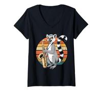 Mujer Vintage Lémur Tocando Saxofón Jazz Saxofón Saxofón Camiseta Cuello V