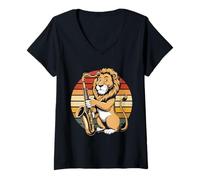 Mujer Vintage León Tocando Saxofón Jazz Saxofonista Saxofonista Camiseta Cuello V