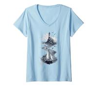 Mujer Vintage Lighthouse Sailboat Nautical Ocean Sailing Camiseta Cuello V