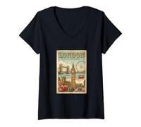 Mujer Vintage Londres Inglaterra Travel Souvenir Landmark Turista Regalo Camiseta Cuello V