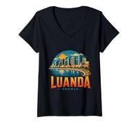 Mujer Vintage Luanda Angola Travel Souvenir Monumento Regalo Camiseta Cuello V
