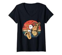 Mujer Vintage Mariposa Tocando Saxofón Jazz Saxofón Músico Saxofo Camiseta Cuello V