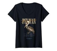 Mujer Vintage, marrón, pelícano, pájaro, Arte, Naturaleza, observación Camiseta Cuello V