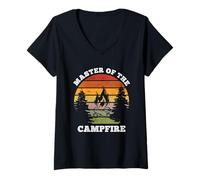 Mujer Vintage Master of The Campfire Camping Gift Hombres Mujeres Niños Camiseta Cuello V