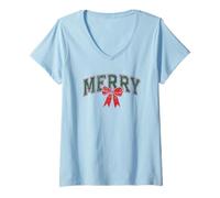 Mujer Vintage Merry Bow Navidad Vacaciones Familia a Juego Vintage Camiseta Cuello V