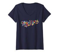 Mujer Vintage Michigan Patchwork Script State Pride Trendy Women's Camiseta Cuello V